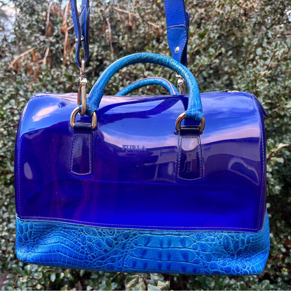 Furla Blue Patent & Embossed Croc-Textured Shoulder Bag